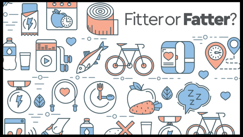 Image of text reading Fitter or Fatter surrounded by icons representing healthy eating and living, such as scales, water bottle, tape measure, bicycle, fish etc