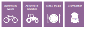 Icons of four policies: walking and cycling, agricultural subsidies, school means and reformulation