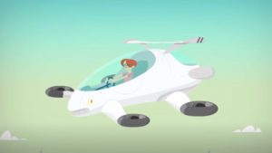 Cartoon image of person in futuristic plane