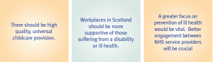 Three quotes: There should be high quality, universal childcare provision, Workplaces in Scotland should be more supportive of those suffering from a disability or ill health, and A greater focus on prevention of ill health would be vital. Better engagement between NHS service providers will be crucial.