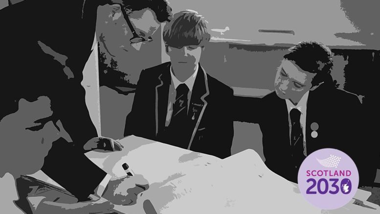 Stylised photo of secondary pupils working together