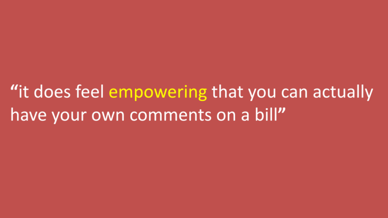 Slide with text "it does feel empowering that you can actually have your own comments on a bill"