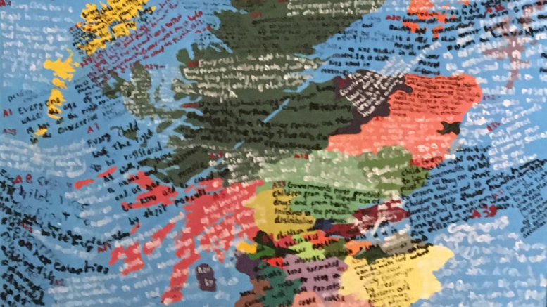 Painted map of Scotland inscribed with text from UN Convention on the Rights of the Child