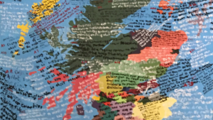 Painted map of Scotland inscribed with text from UN Convention on the Rights of the Child