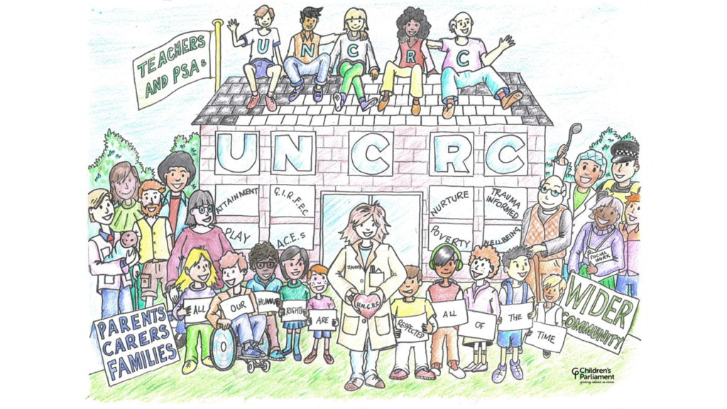 Drawing of a school with UNCRC