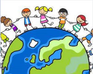 Cartoon of kids holding hands standing on top of the globe