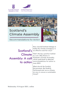 Image of front page of report - Scotland's Climate Assembly: recommendations for action August 2021