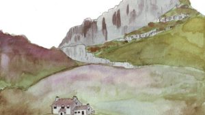 Watercolour of crags with farmhouse in foreground by Cristoir de Prenderghast