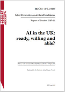 Front cover of House of Lords Select Committee on AI Report of Session 2017-2019