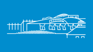 Illustration of Scottish Parliament building - white on blue