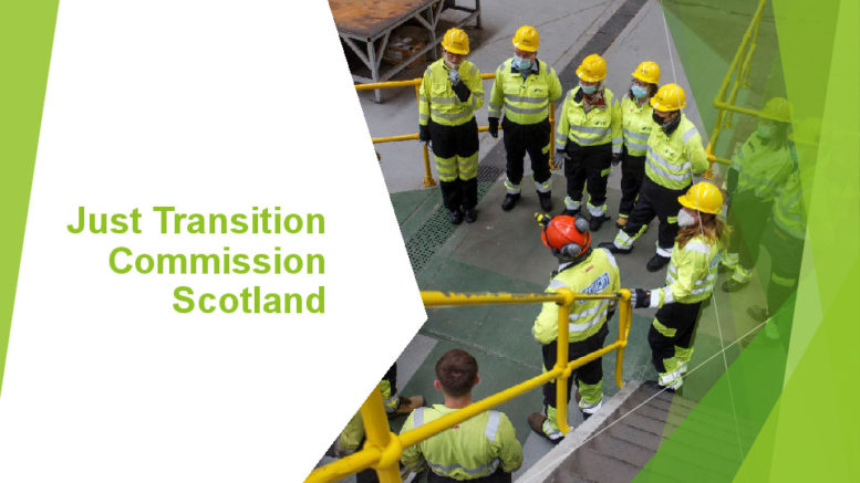 A just Transition Event on April 19 2023. First slide of presentation by Dr Deborah Long on Just Transmission Commission Scotland