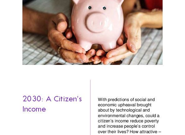 Image of front cover of Scotland 2030: A Citizen's Income report - a pair of hands holding a pink piggy bank