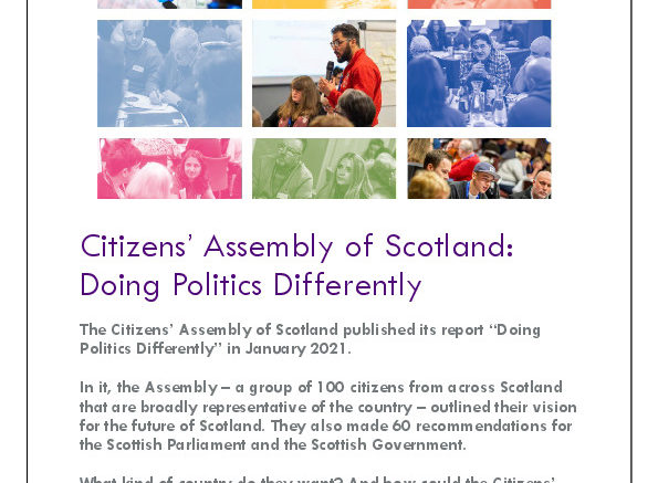 Front Cover of Citizens Assembly Doing Politics Differently Event Report 15 February 2021