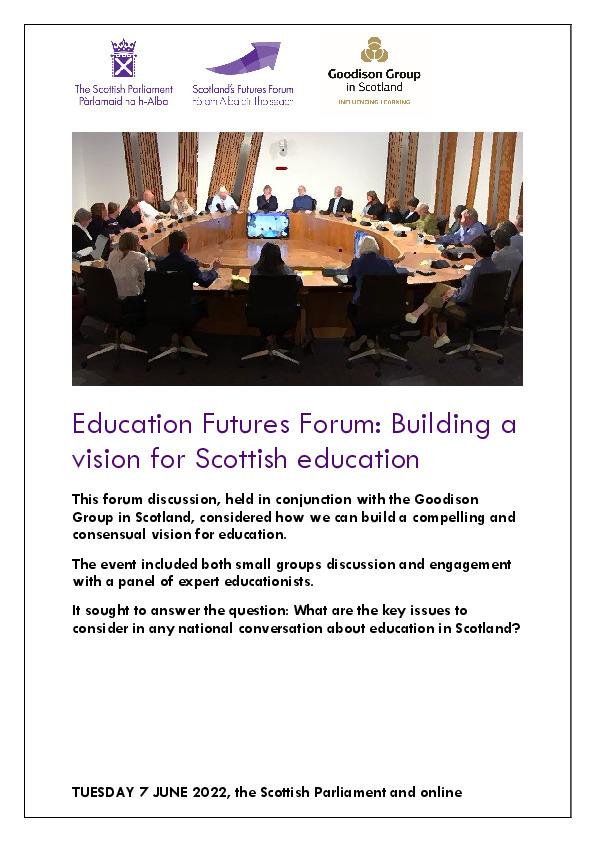 Report front page: picture of round table discussion and heading - Education Futures