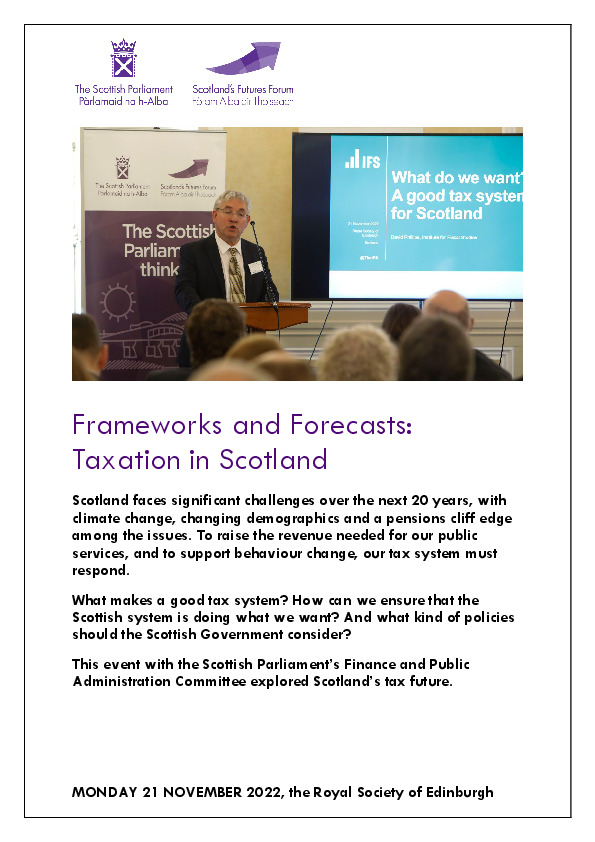 Front page of report: Frameworks and Forecasts - Taxation in Scotland