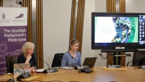 Dr Deborah Long speaks at A Just transition event at the Scottish Parliament April 19 2023