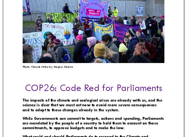 Front page of report with Futures Forum and SPICe logos, picture of climate protest outside Scottish Parliament and title: COP26: Code Red for Parliaments