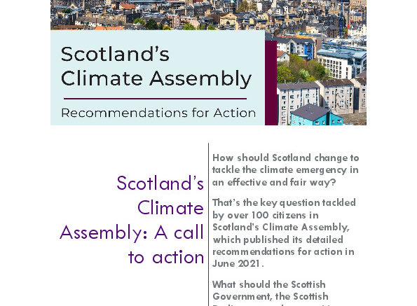 Front Cover of Scotlands Climate Assembly - Recommendations for Action Report August 2021