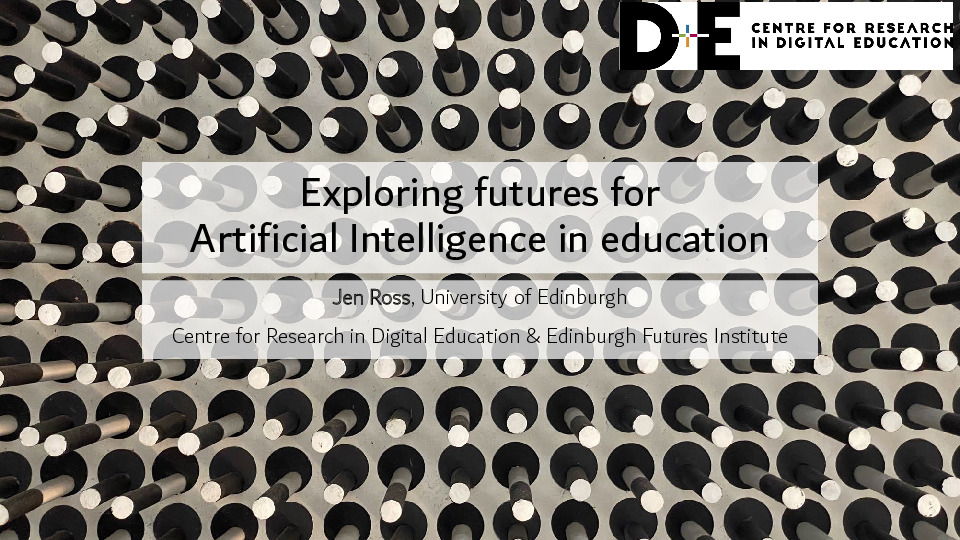 Front page of AI and Education slides with title on abstract black and white background 
