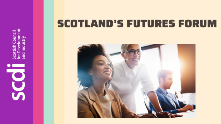 Presentation title slide with text "Scotland's Futures Forum" and image of smiling people at a desk.