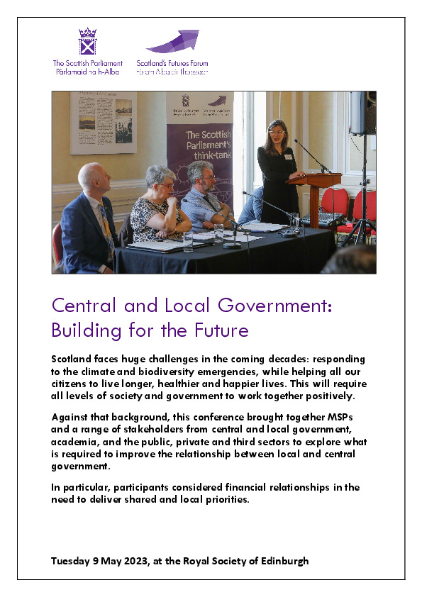 Front page of report, with picture of speakers at a table and event title