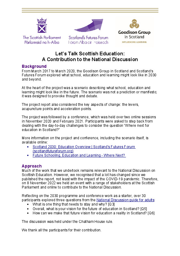First page of the contribution to the National Discussion on Scottish Education