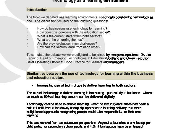 Image of front page of SFF/GGiS forum debate report on Technology as a learning environment, 25 March 2015