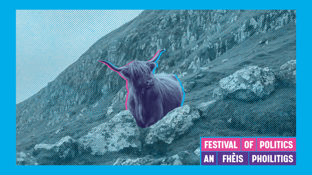 Stylised photo of highland cow on hillside