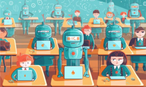 Robots and Kids At Desks In A Classroom